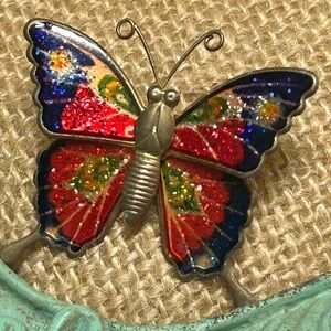 Vibrant vintage Colorful Butterfly Brooch pin gold tone enamel glitter